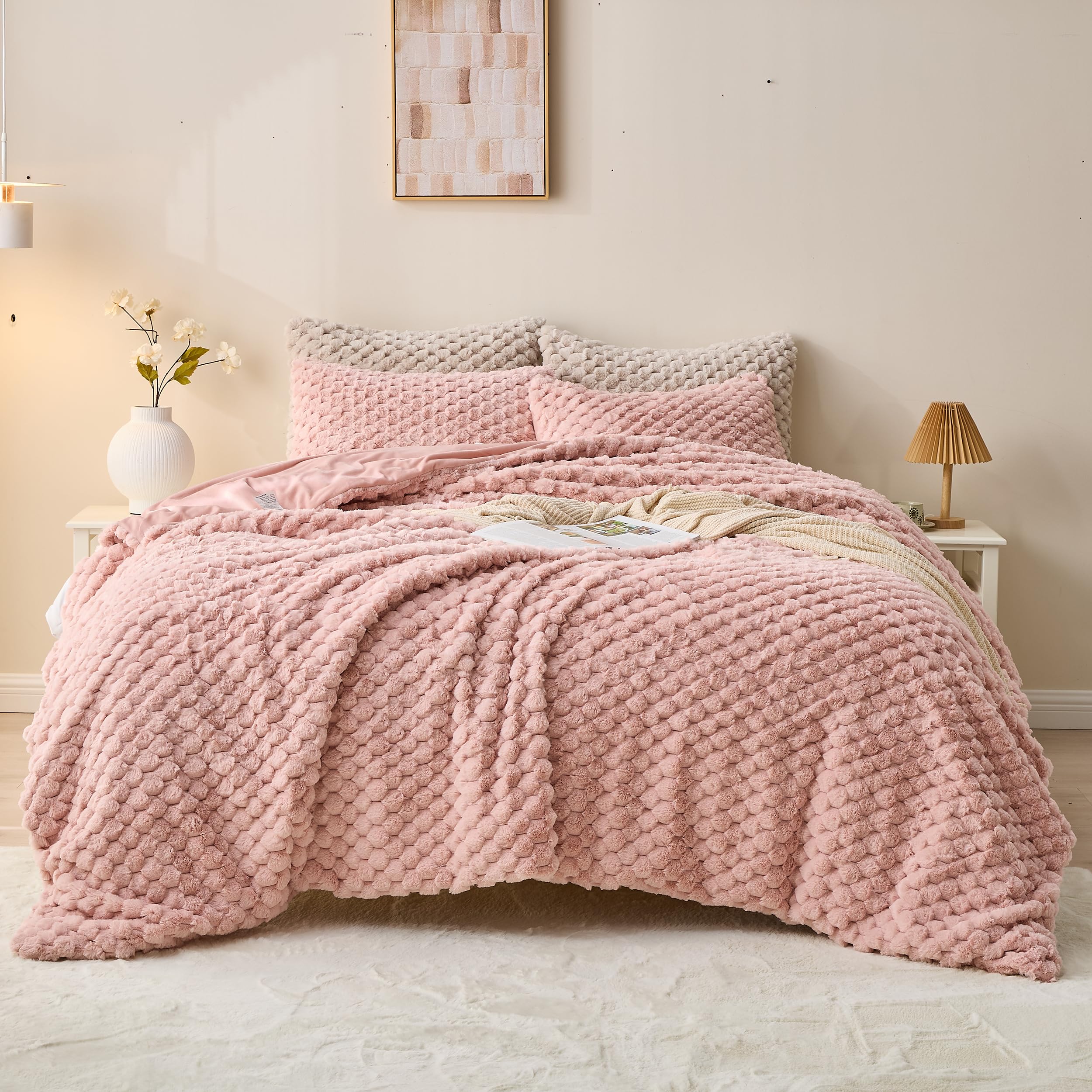 Fluffy Faux Fur Comforter Set, Plush Fuzzy Minky Bedding Set