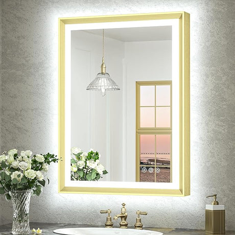 Black 36x36 Inch LED Bathroom Vanity Mirror with Front Lights Backlit Aluminum Alloy Frame Rectangle Beveled Edge