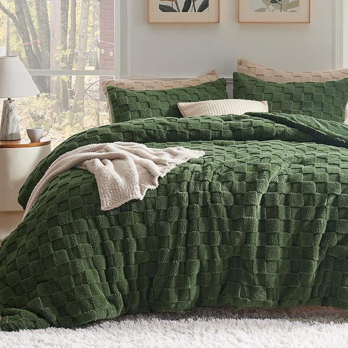 Fluffy Queen Comforter Set, Sage Green Sherpa Fleece Bedding Comforter Set