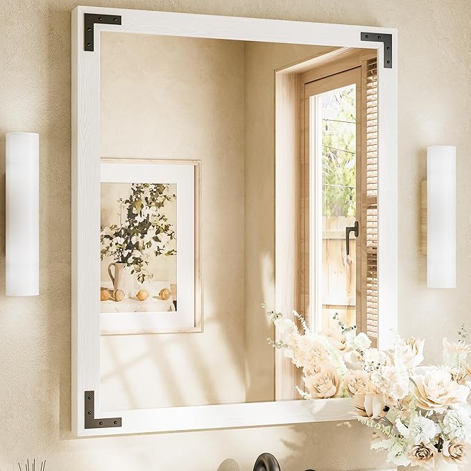 Brown Wood Framed Wall Mirror for Bathroom