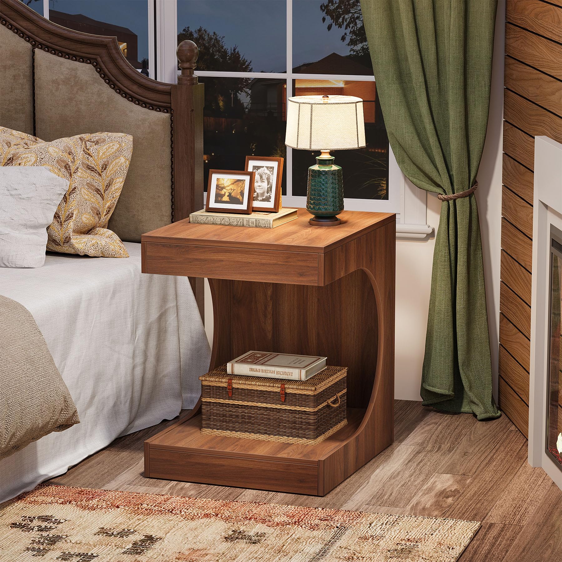 C-Shaped End Table for Couch, Wooden 2-Tier Side Table, Small Sofa Table