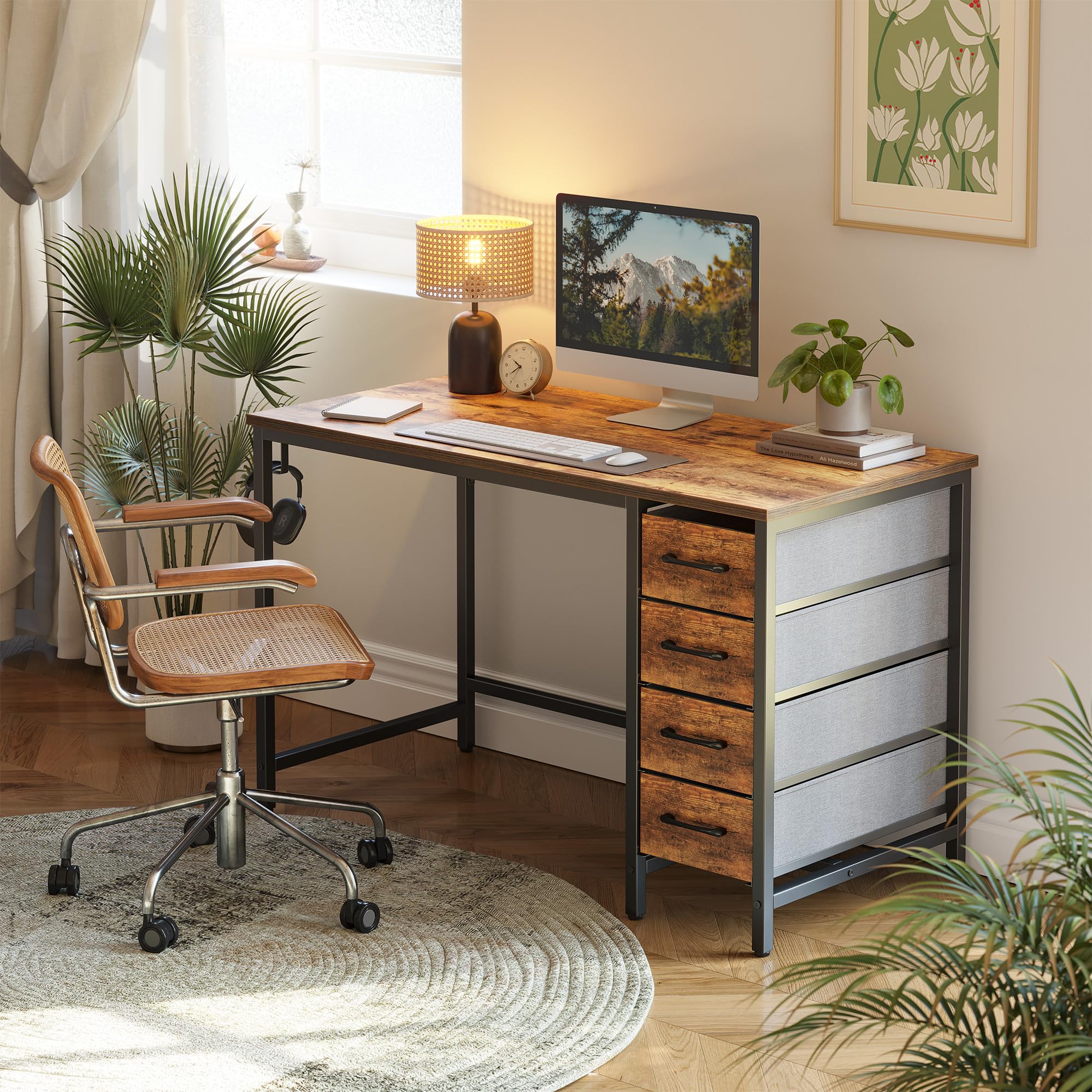 40 Inch Computer Reversible Desk with 4 Storage Drawers, Small Home Office Kids
