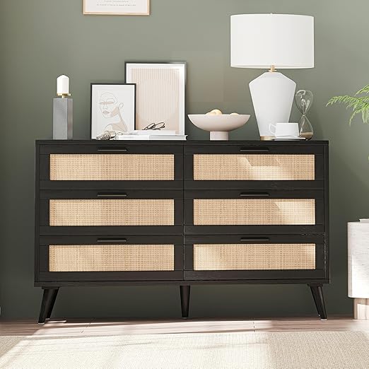 6 Drawer Double Dresser for Bedroom, Rattan Chest of Dressers