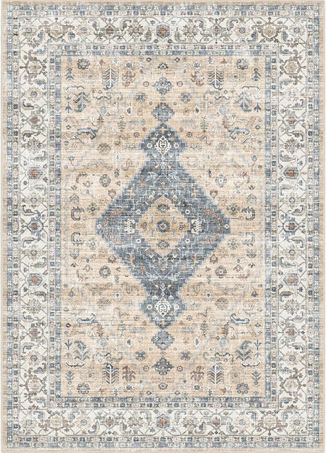 8'x10' Machine Washable Vintage Design Area Rug - Non Slip, Stain Resistant for Home, Office, Machine Washable Area Rugs 8x10, 8x10 Area Rugs for Living Room (Grey Beige 8x10)…