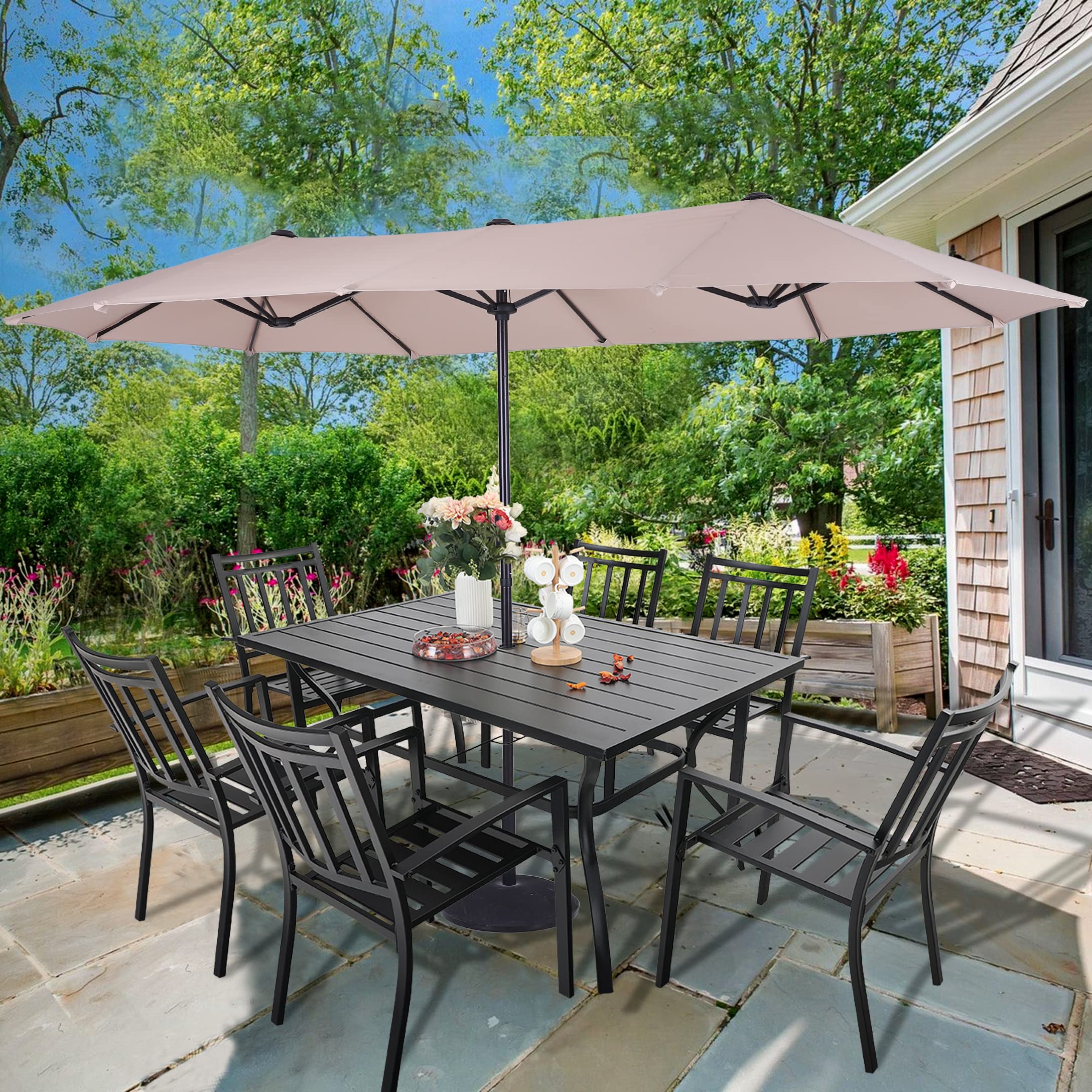 7 Pieces Patio Dining Set with 13ft Double-Sided Umbrella