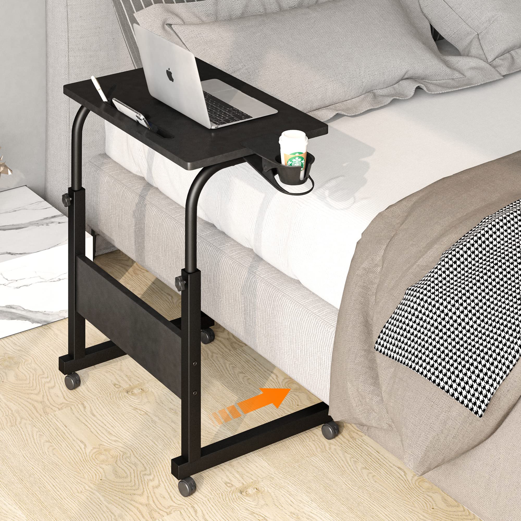 Standing Desk Adjustable Height, Stand Up Desk with Cup Holder, Portable Laptop Desk, Mobile, Small Computer Desk, Bedside Table, Black Rolling Desk, Work Desk for Home Office