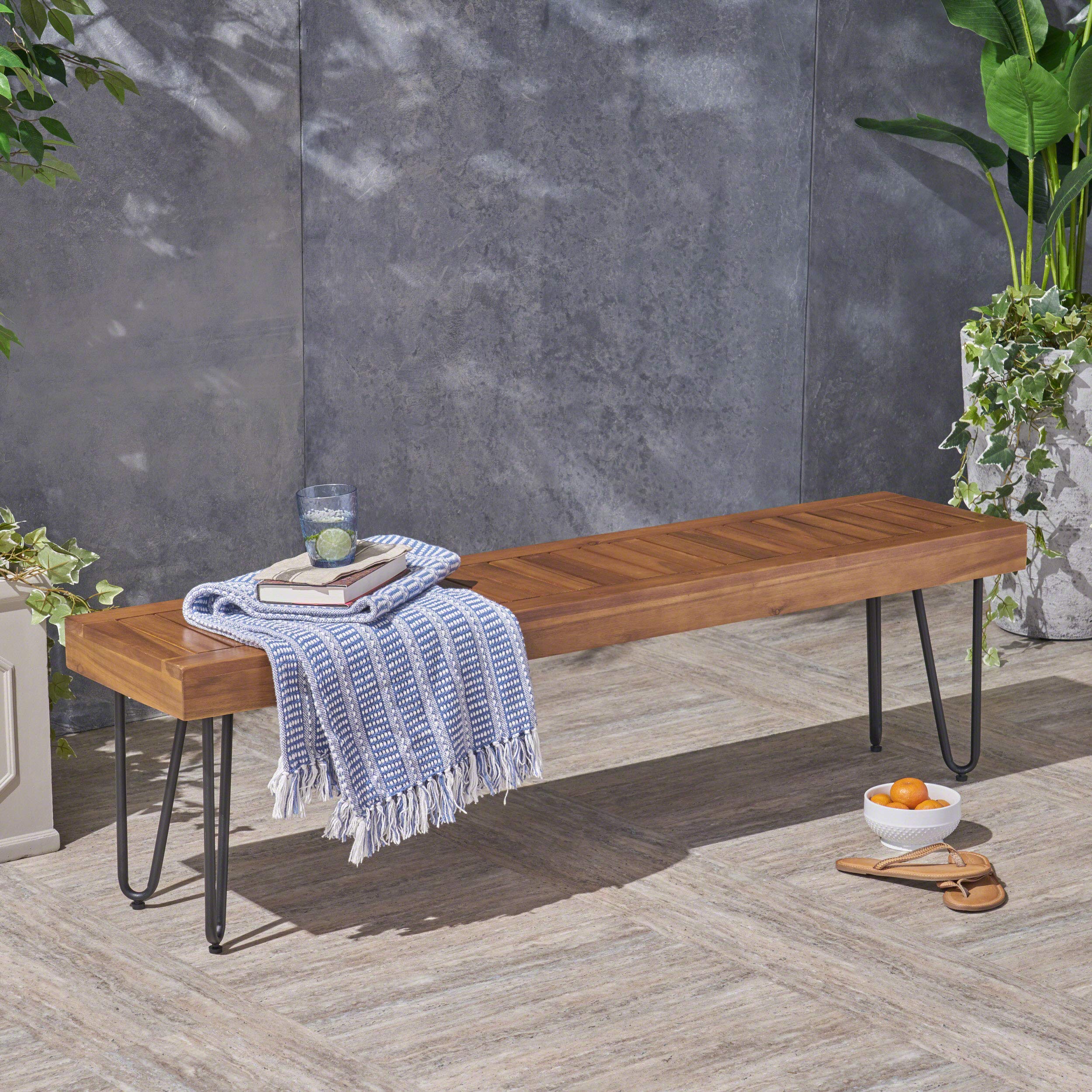 Abbet Outdoor Industrial Wood Bench, Teak/Black Metal