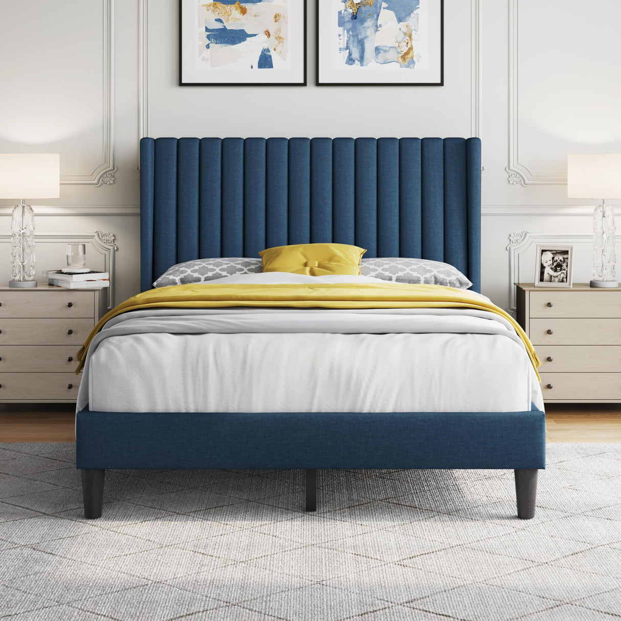 Full Size Upholstered Platform Bed Frame with Tufted Wingback Headboard