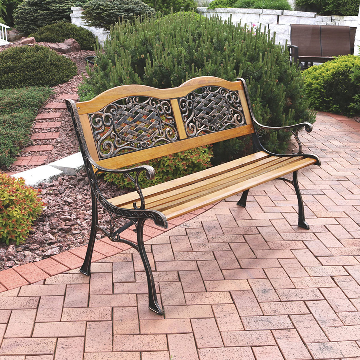 49-Inch Cast Iron and Wood 2-Person Garden Bench with Ivy Crossweave Design