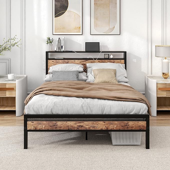 Full Size Bed Frame with Storage Headboard,Power Outlet,USB Port