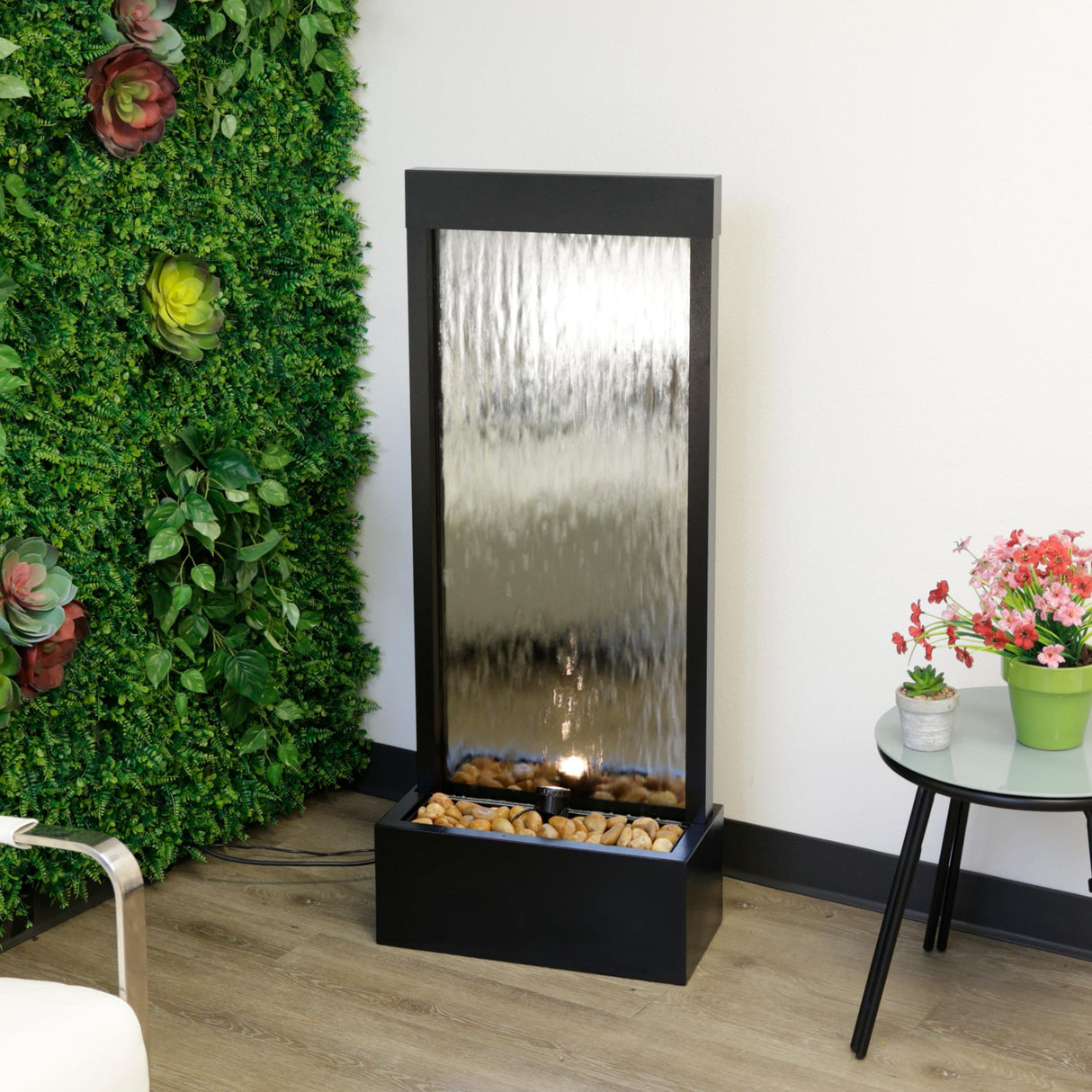 Mirror Waterfall Fountain with Stones & Lights - Zen Indoor/Outdoor Decor for Office