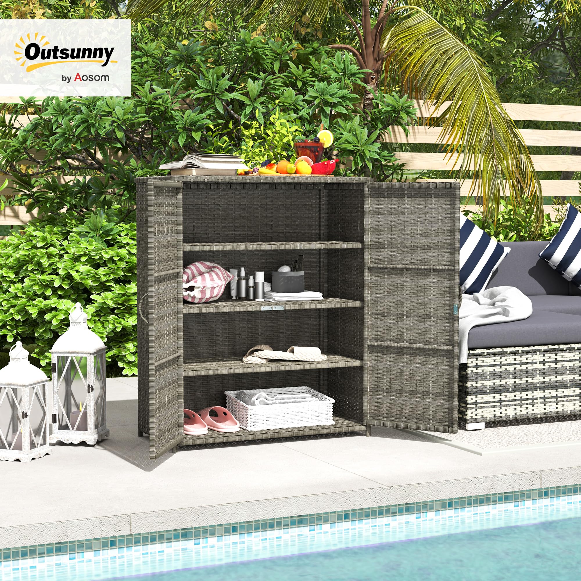 Wicker Outdoor Storage Cabinet with Shelves, 4-Shelf Outdoor Pool Towel Cabinet