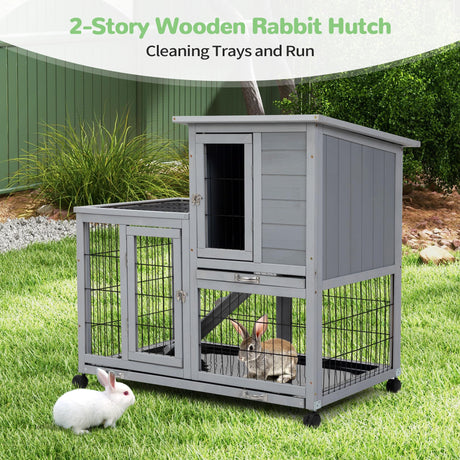 Wooden Rabbit Hutch on Wheels Outdoor, 2-tier Large Indoor Bunny Cage