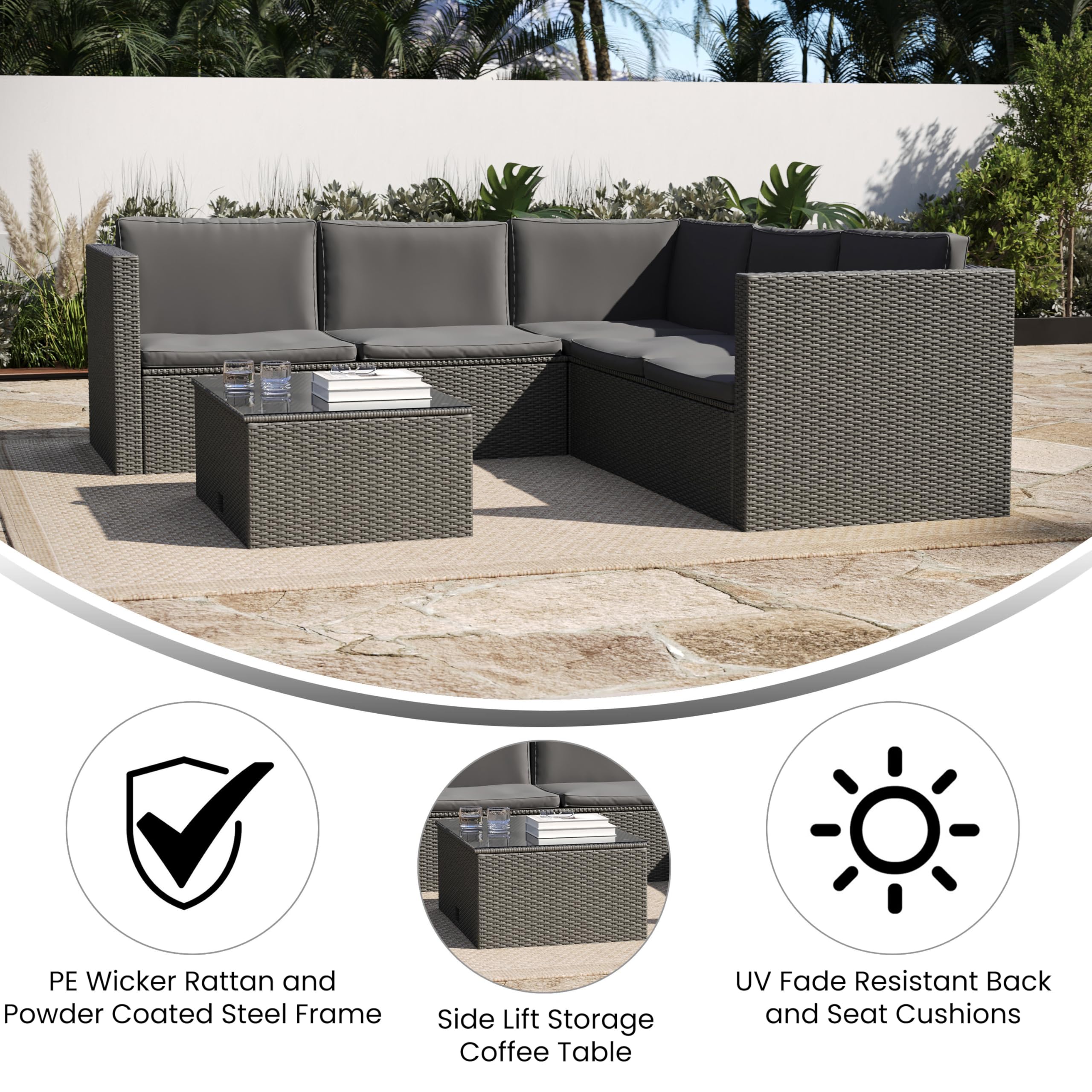 EMMA + OLIVER Beal Outdoor Sectional Couch with Table, All-Weather PE Rattan Frame, Side Lift Storage Coffee Table, Back and Seat Cushions, Gray/Gray
