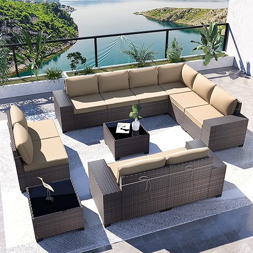 Patio Furniture 7 Pieces Outdoor Sectional PE Rattan Sofa Set Brown Manual Wicker