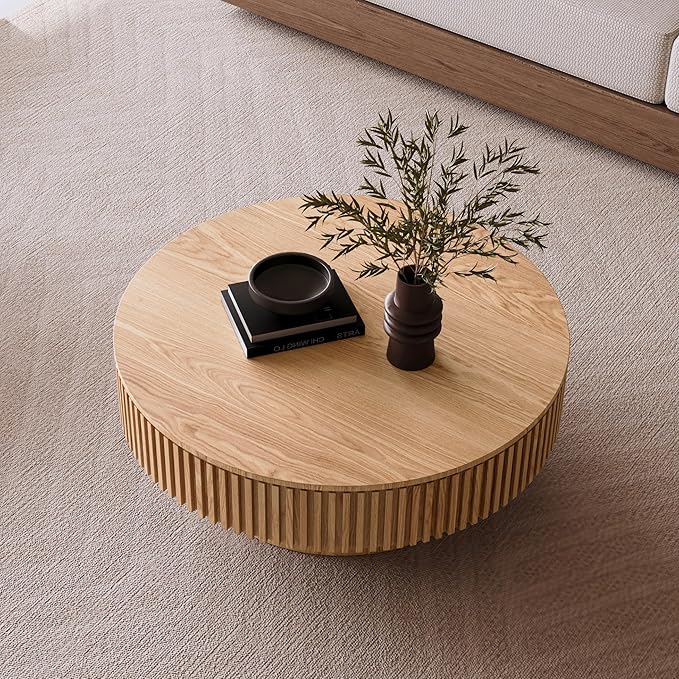39.37'' Natural Coffee Table Modern Handcraft Drum Round Circle Wooden Solid Wood