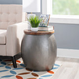 Pewter Hammered Metal Round Storage and Wood Top Janice Drum Side Table