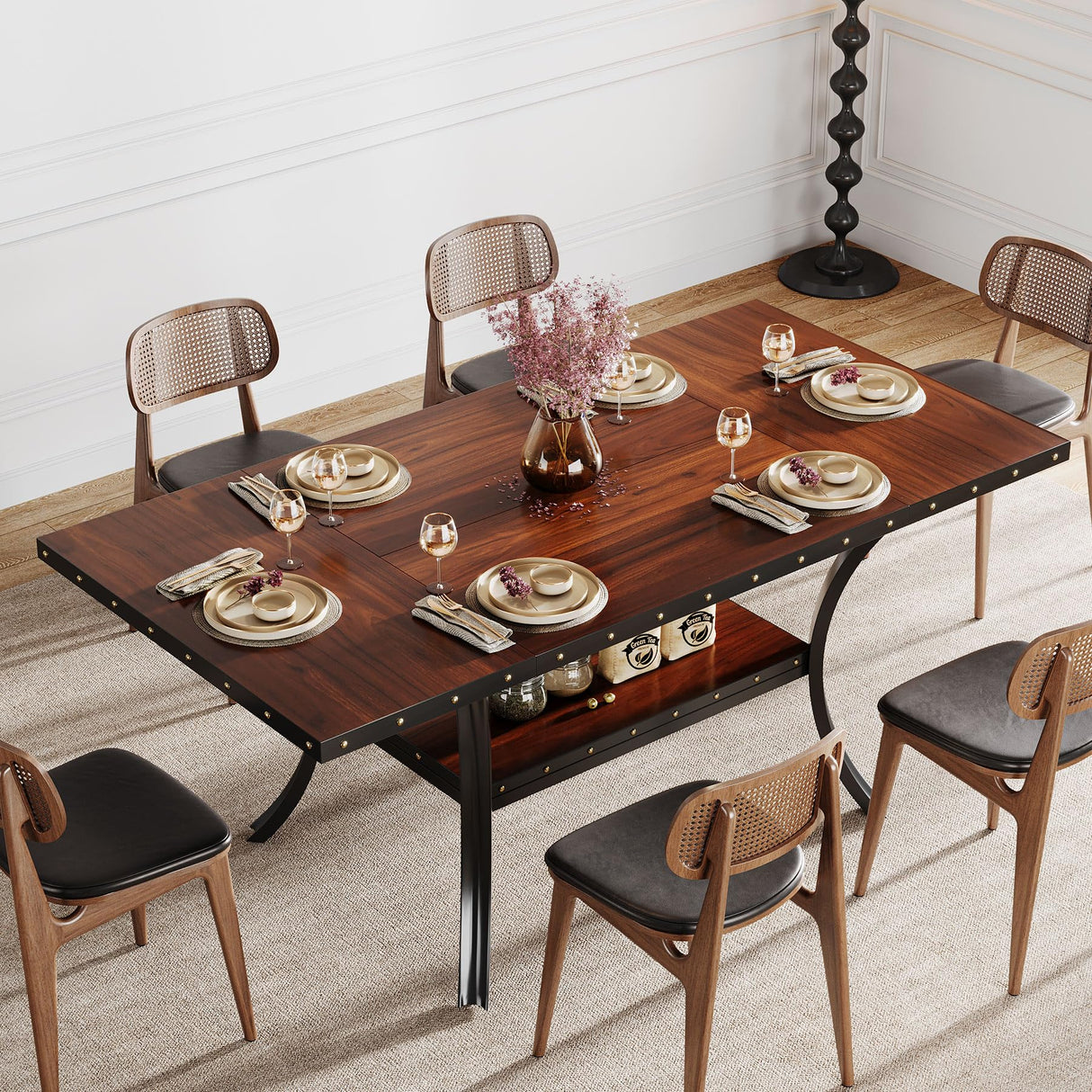 Dining Table for 4-6, Brown 62" Rectangular Kitchen Table, 2 Tiers Large Dinner Table