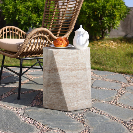 LuxenHome Outdoor Accent Side Table, 18'' Travertine - Style Irregular Textured Cement Patio End Table, Outdoor Coffee Furniture for Backyard Balcony, Modern Garden Stool for Outside - Bircata