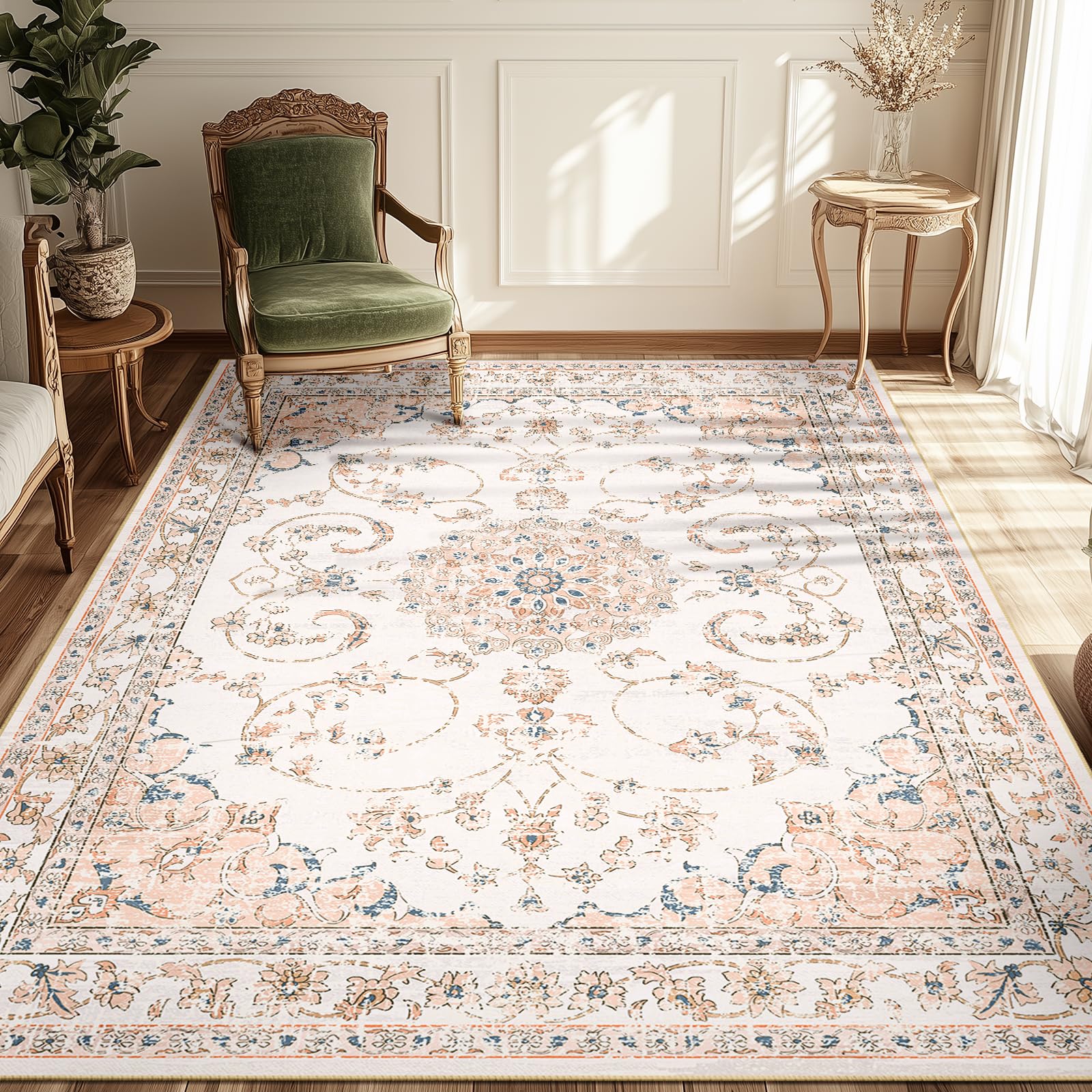Washable 5x7 Area Rugs for Living Room Low Pile Non Slip Machine, Vintage Floral Rugs