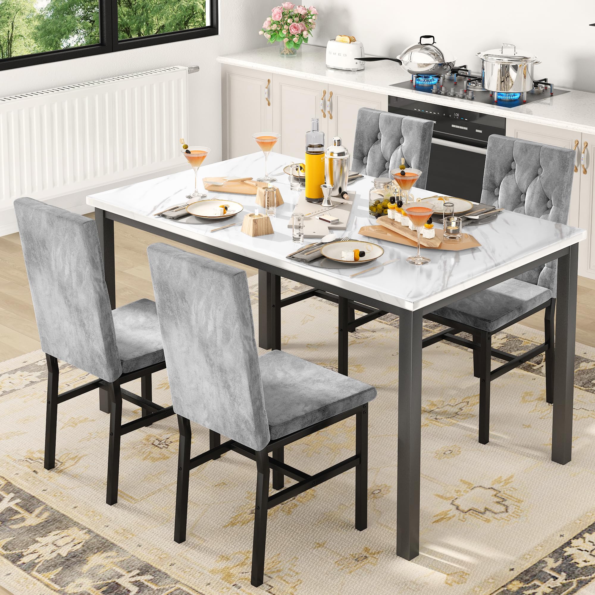 Faux Marble Dining Table Set with 4 Tufted Chairs