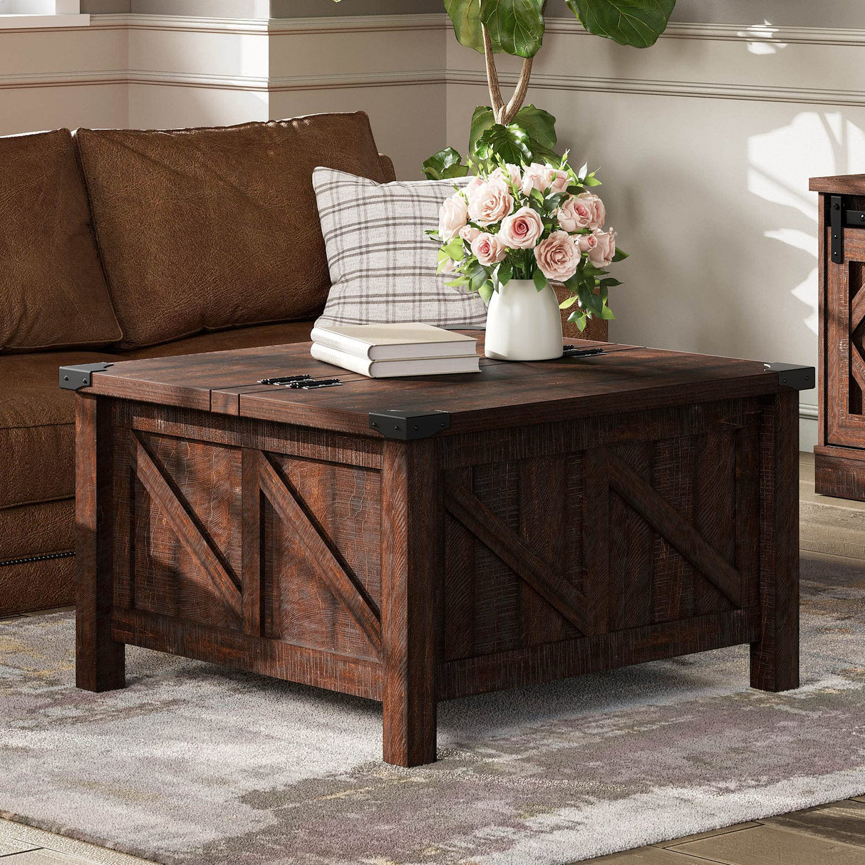 Modern Farmhouse Coffee Table, Square Wood Center Table with Gas Struts Lift-Top