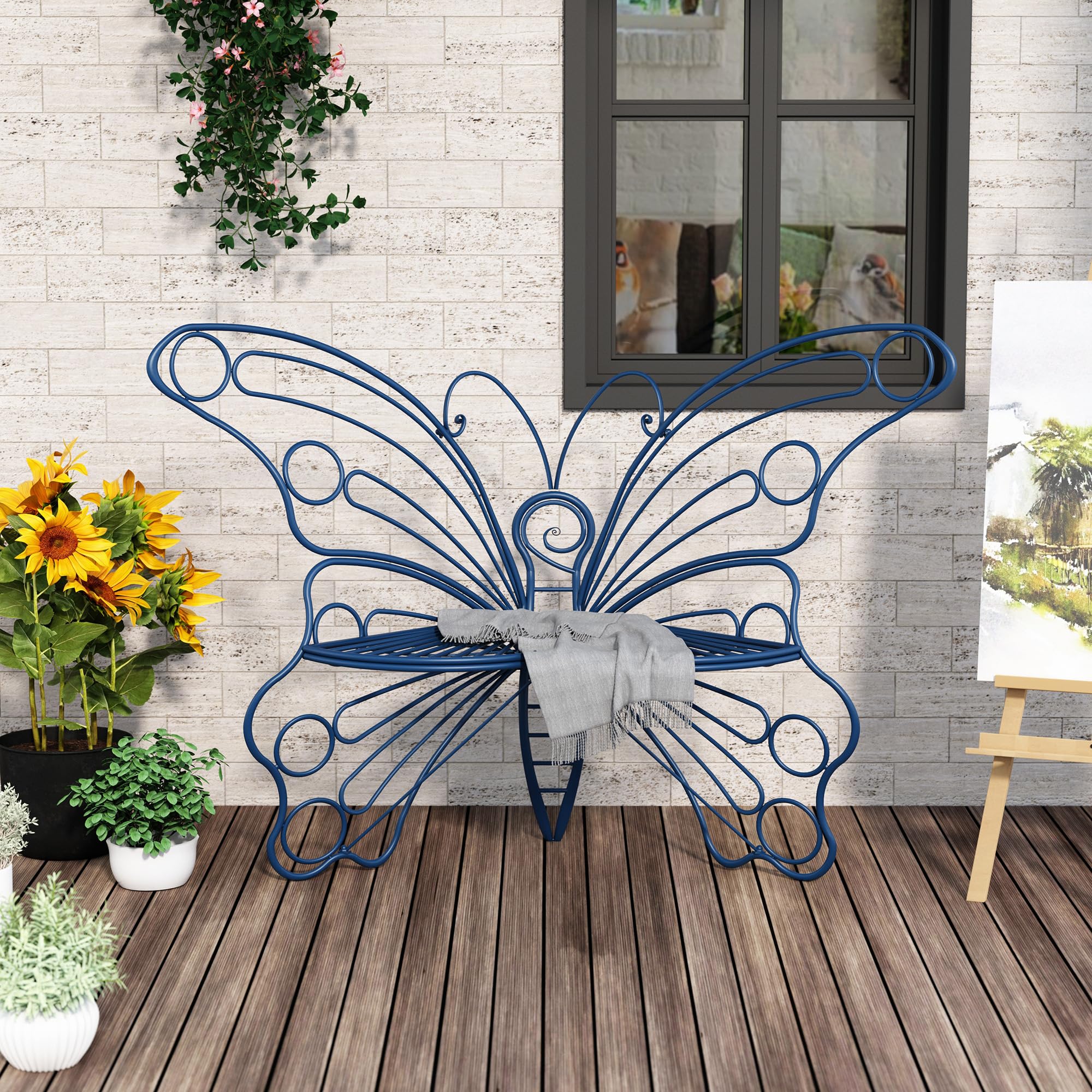 50 Inches Outdoor Bench, Garden Bench with Sturdy Iron Metal Frame
