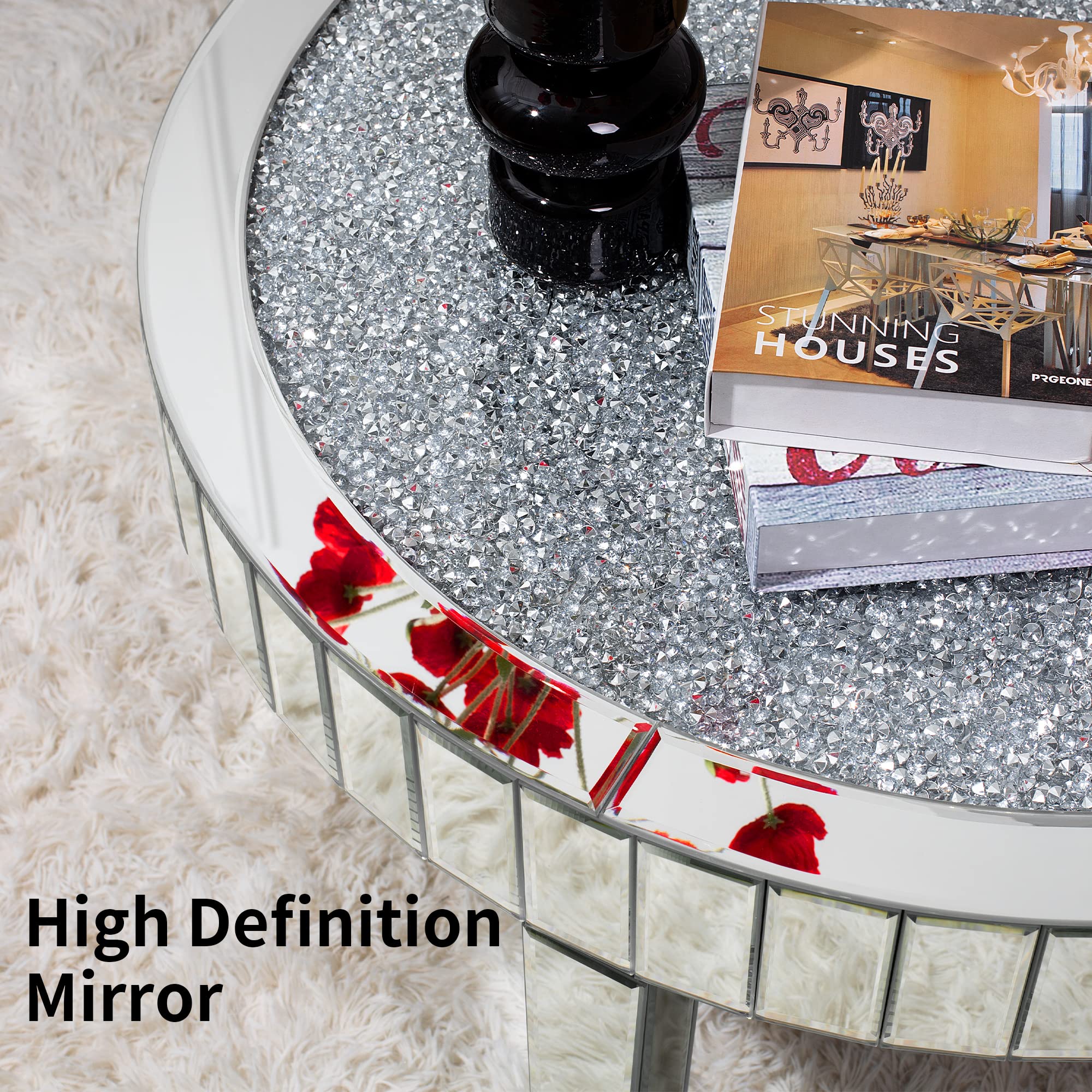 Mirrored Coffee Table with Crystal Inlay, 31.5'' Modern Round Coffee Table with Mirror Surface,