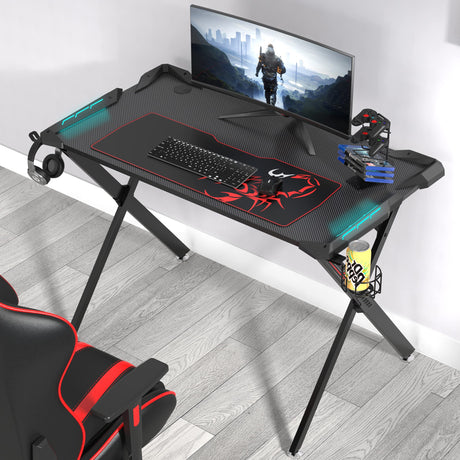 Gaming Desk with RGB LED Lights, 45 Inch Gamer Desk PC Gaming Computer Desk