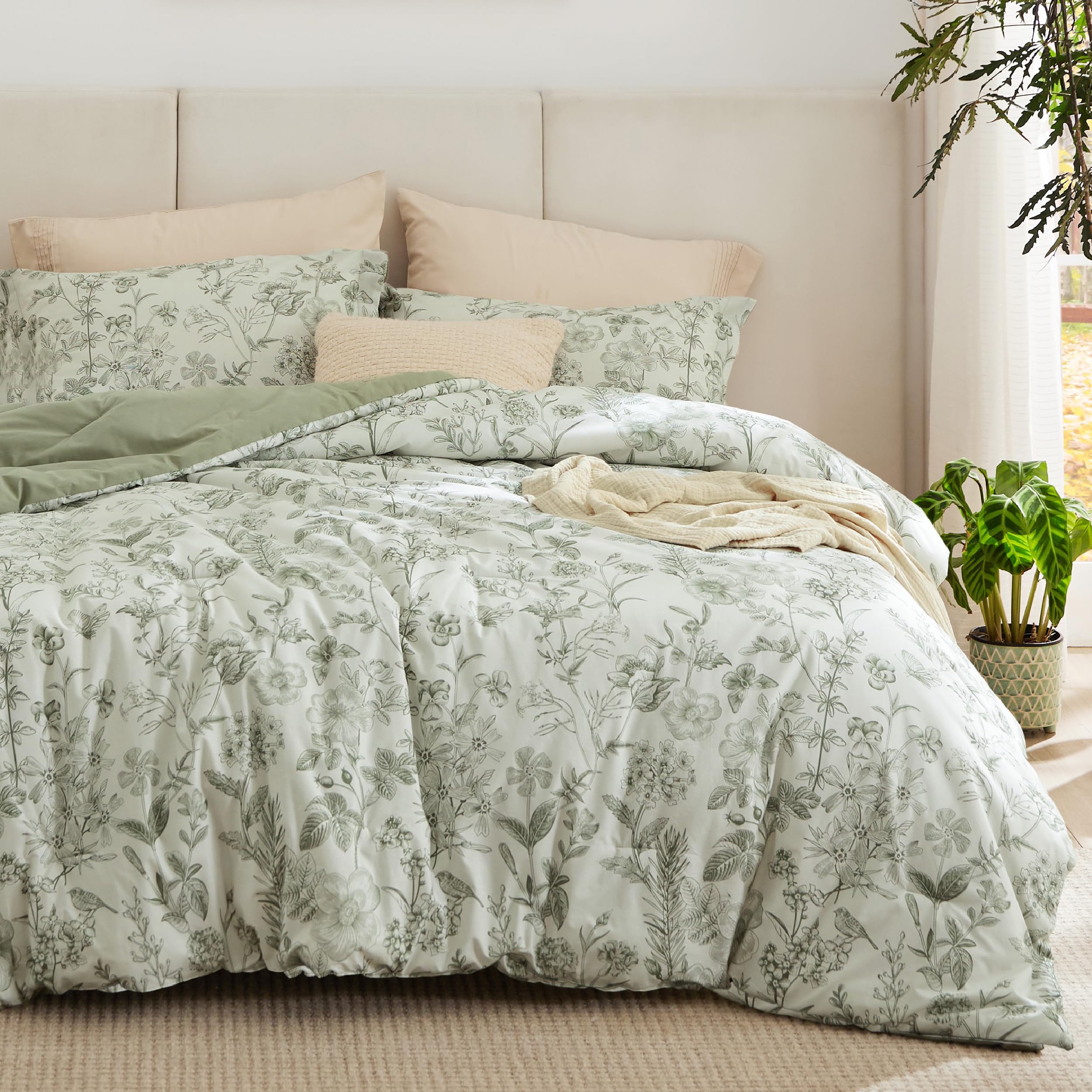 Floral Comforter Set King Size - 100% Cotton Sage Green Botanical Bedding