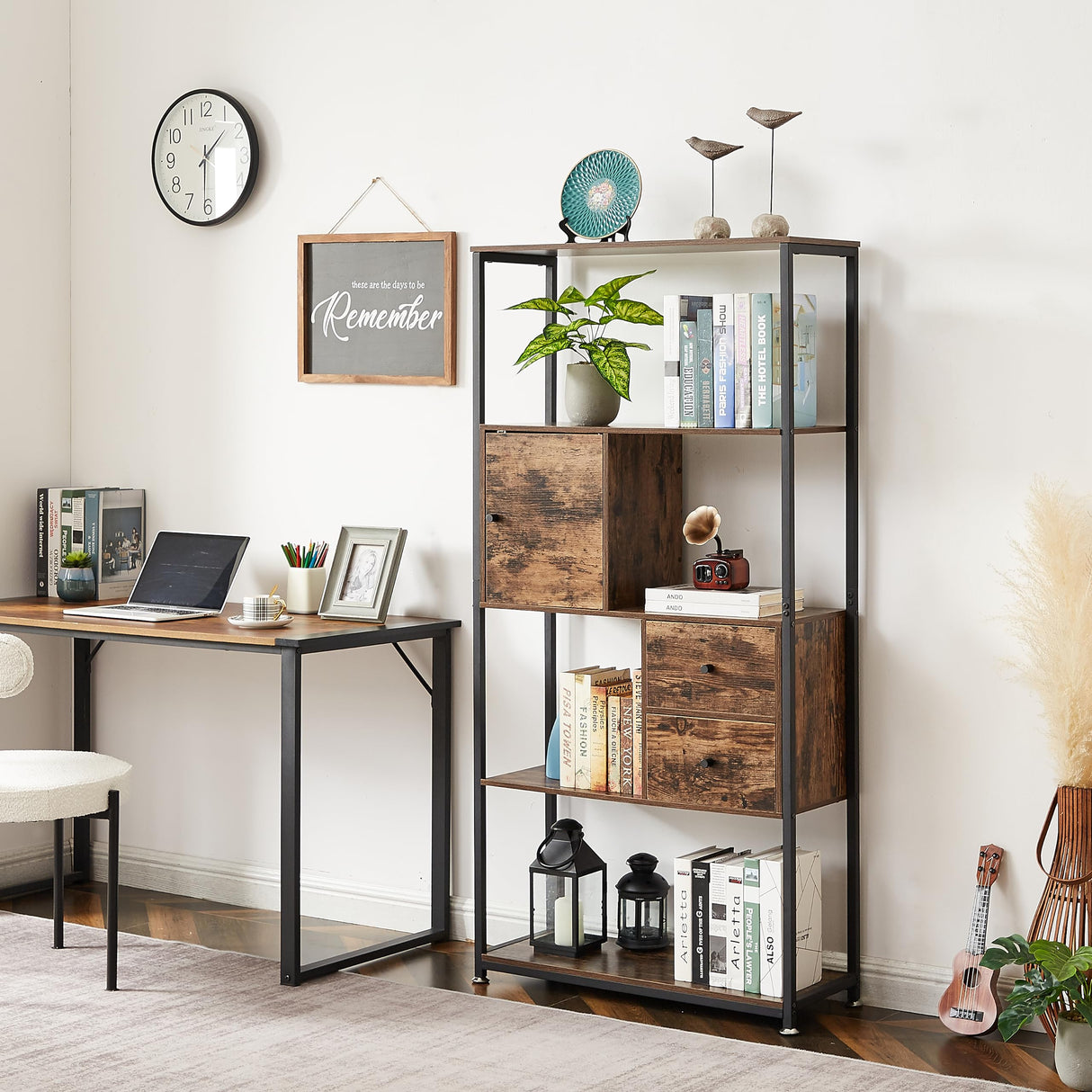 Bookshelf,4-Tier Book Shelf with 2 Storage Drawers and 1 Cabinet, Metal Frame Open Bookcase,Rustic Brown