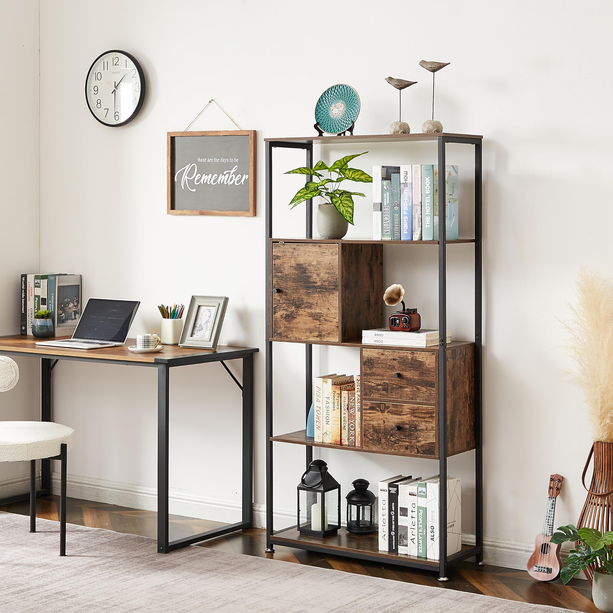 Bookshelf,4-Tier Book Shelf with 2 Storage Drawers and 1 Cabinet, Metal Frame Open Bookcase,Rustic Brown