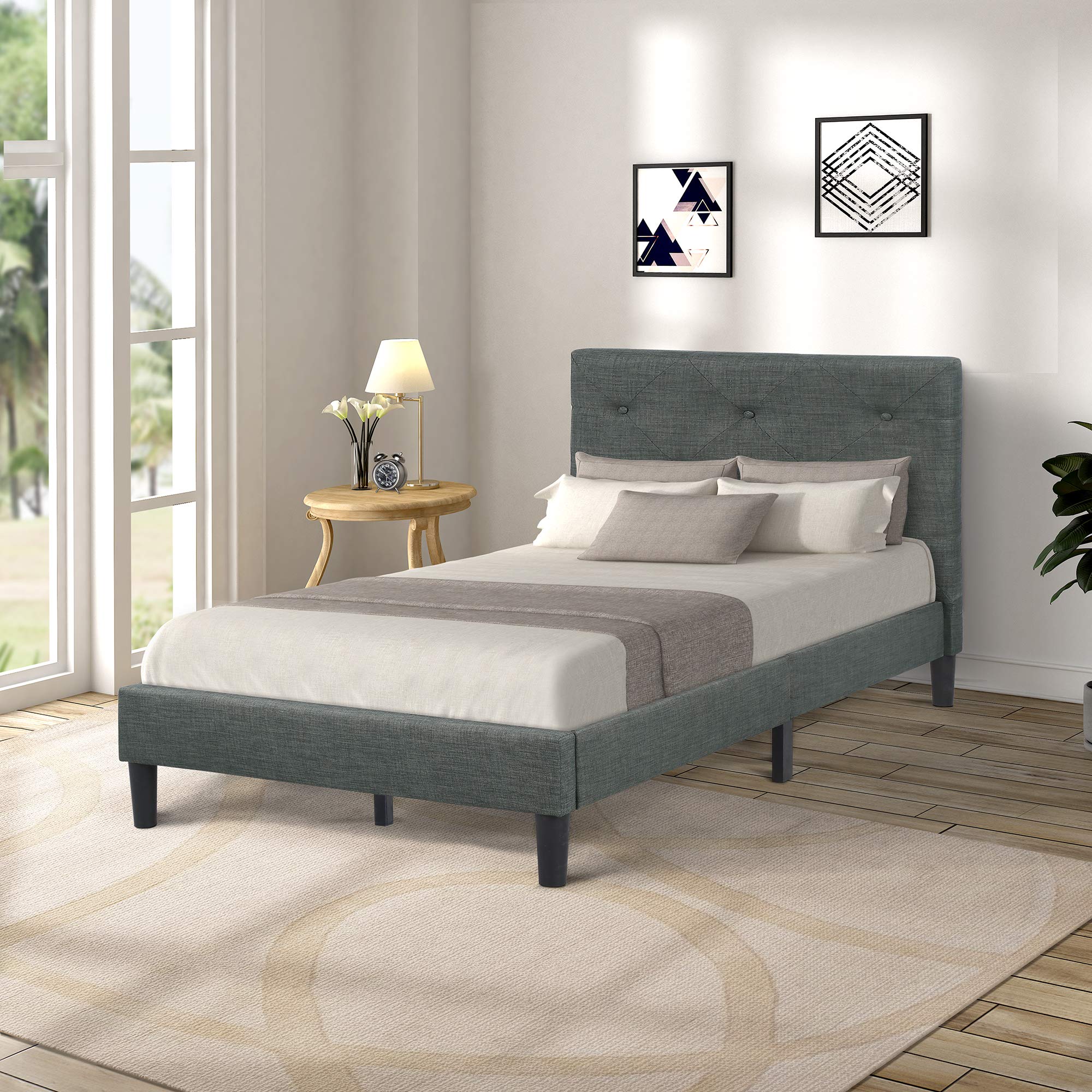 Twin Bed Frame, Upholstered Platform Bed with Headboard Bed Frame and Wood Slats