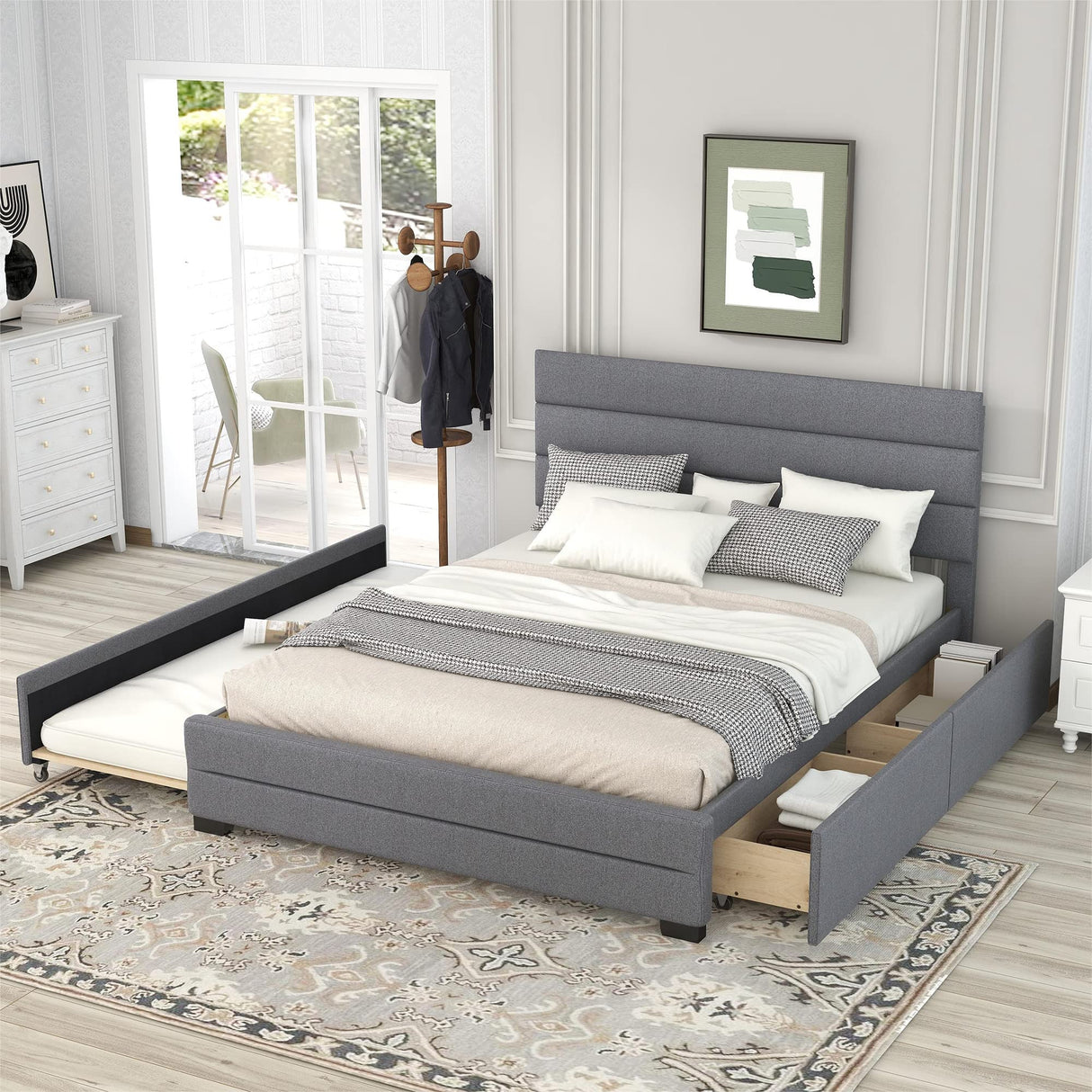 Upholstery Platform Bed with Trundle and 2 Drawers, Platform Bed Frame