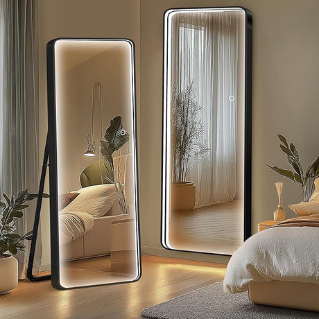 Full Length Mirror with LED Lights, 64"x20"Floor Mirror with Stand Wall Mounted Hanging Mirror with Lights Free Standing Floor Mirror for Bedroom， Dressing Room, Rectangle&Gold