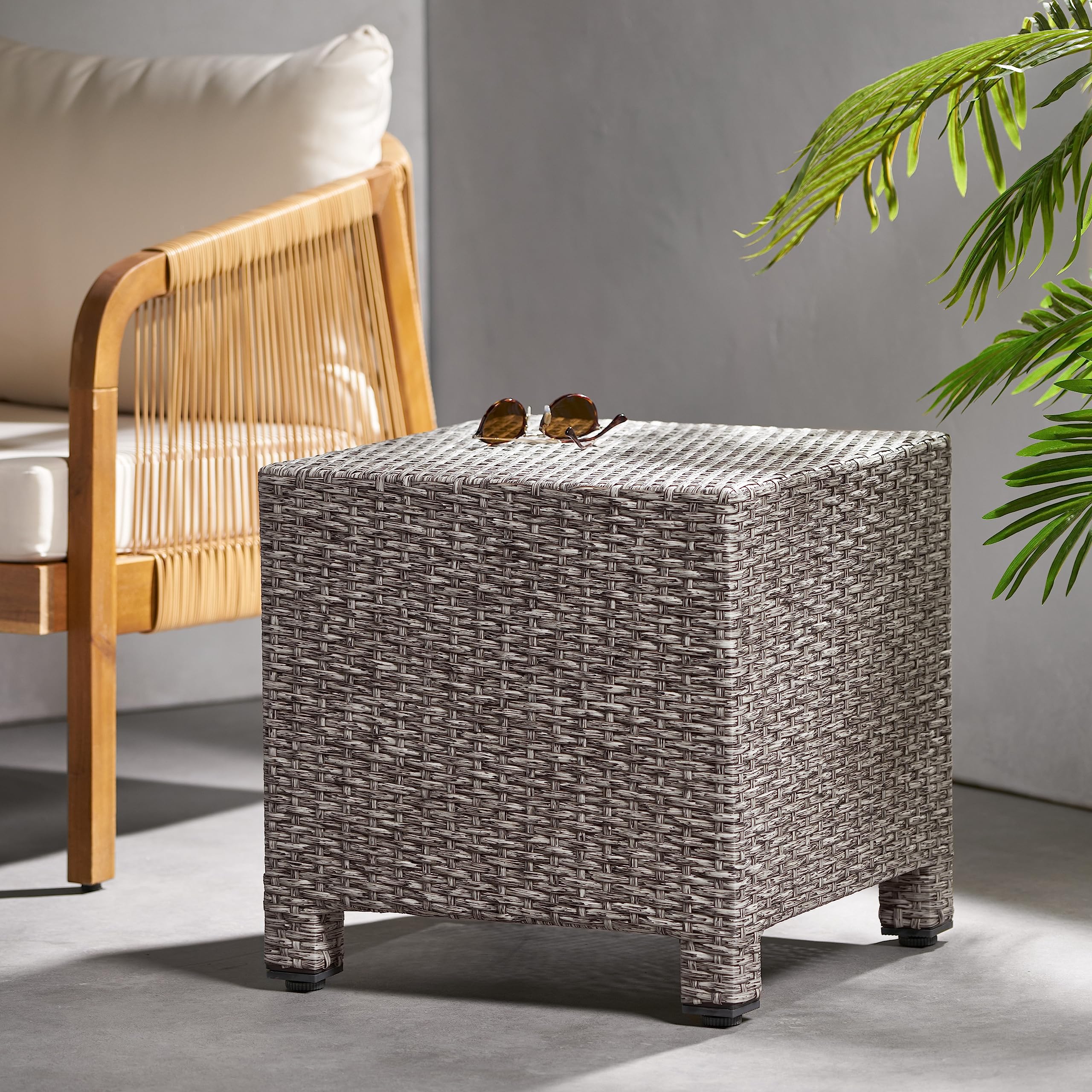 Puerta Outdoor Wicker Side Table, Mixed Black
