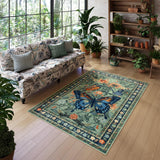 Washable Living Room Rug, Butterfly Area Rugs 5x7 Green Floral Area Rug,