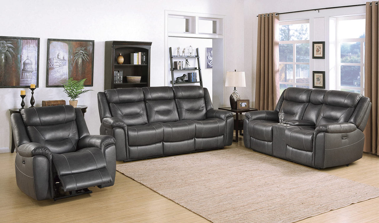 Top Grain Leather Power Double Reclining Sofa, Dark Gray