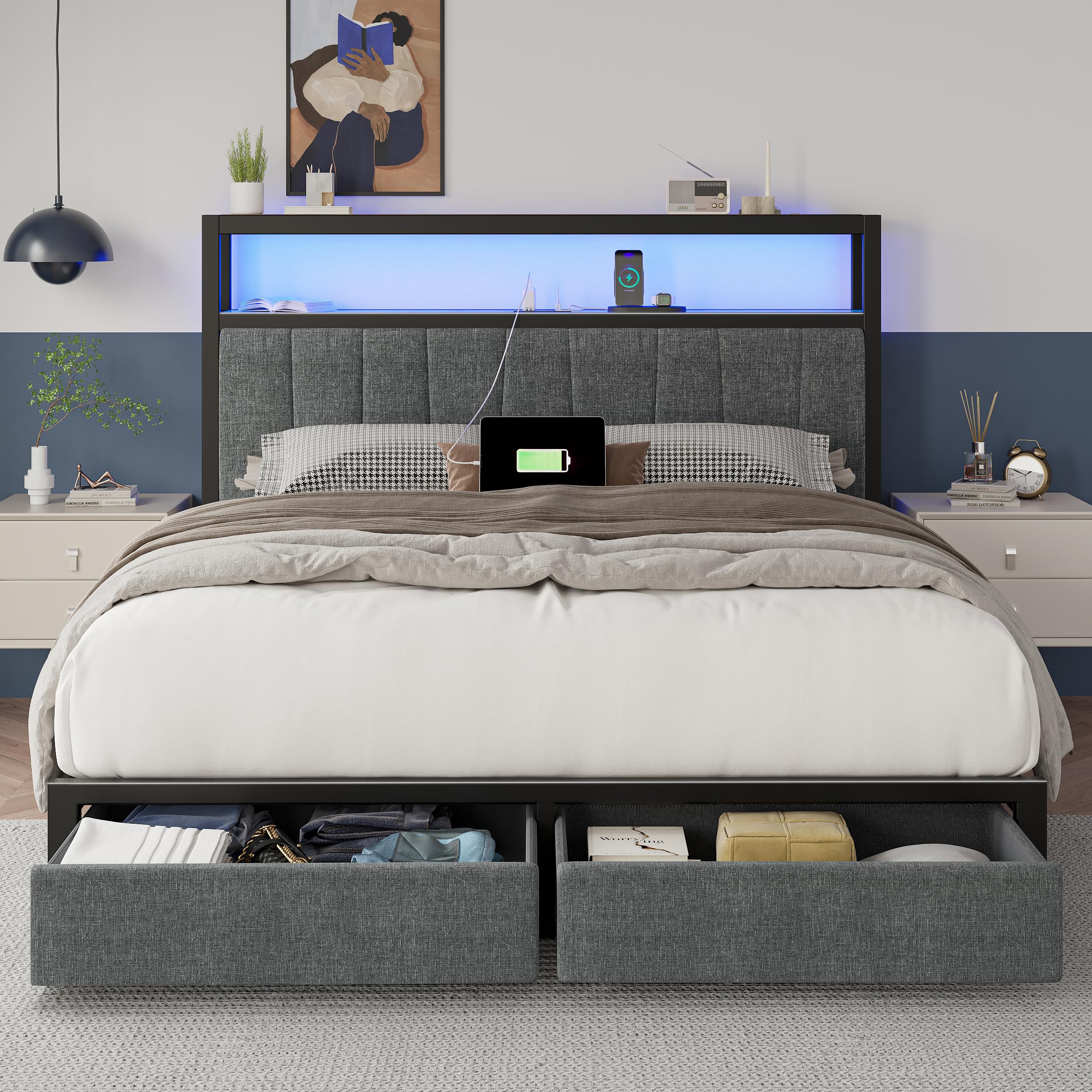 Fastroby LED Bed Frame Queen Size with Storage, Upholstered Queen Bed Frame with 2-Tier Charged Headboard and Drawers, 6-Side-Storage, Dark Grey