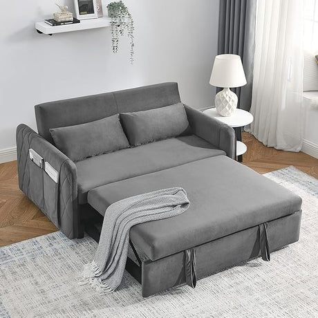 55" Modern Convertible Sofa Bed with 2 Detachable Arm Pockets, Velvet Loveseat Sofa