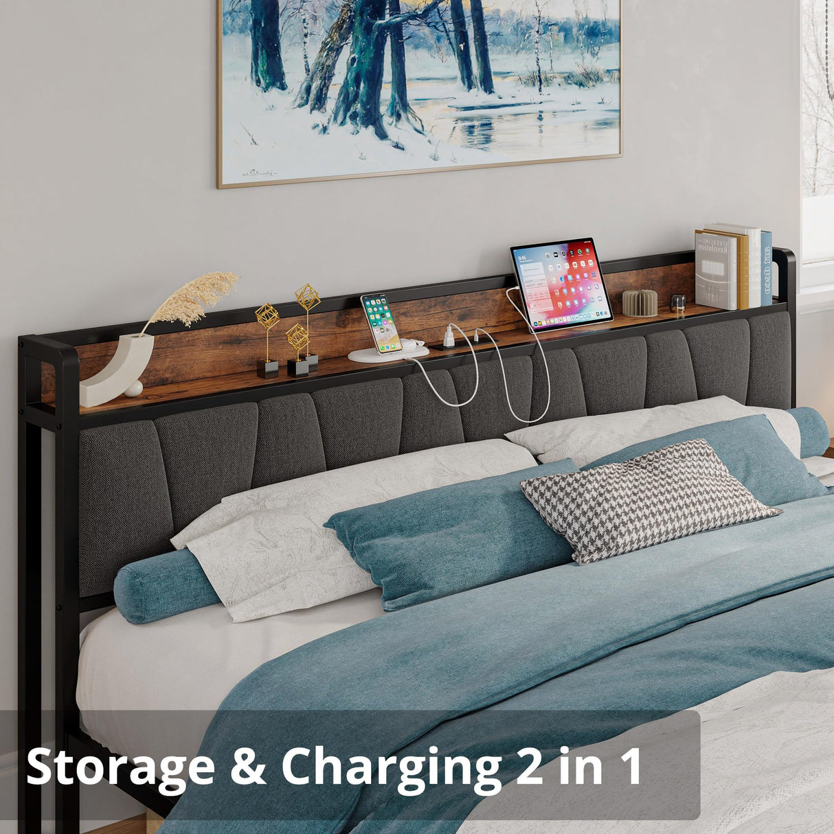 California King Bed Frames, Storage Headboard with Charging Station, Solid and Stable