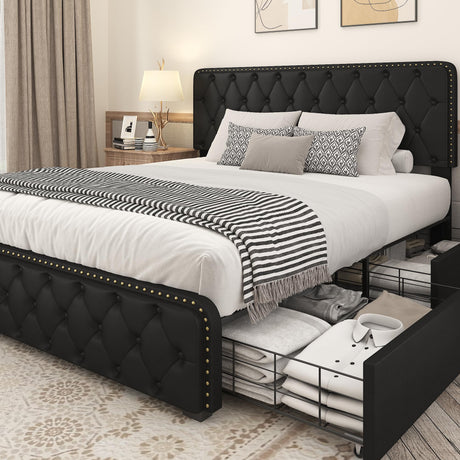 Queen Bed Frame with Headboard Faux Leather Upholstered Metal Queen Bed Frame