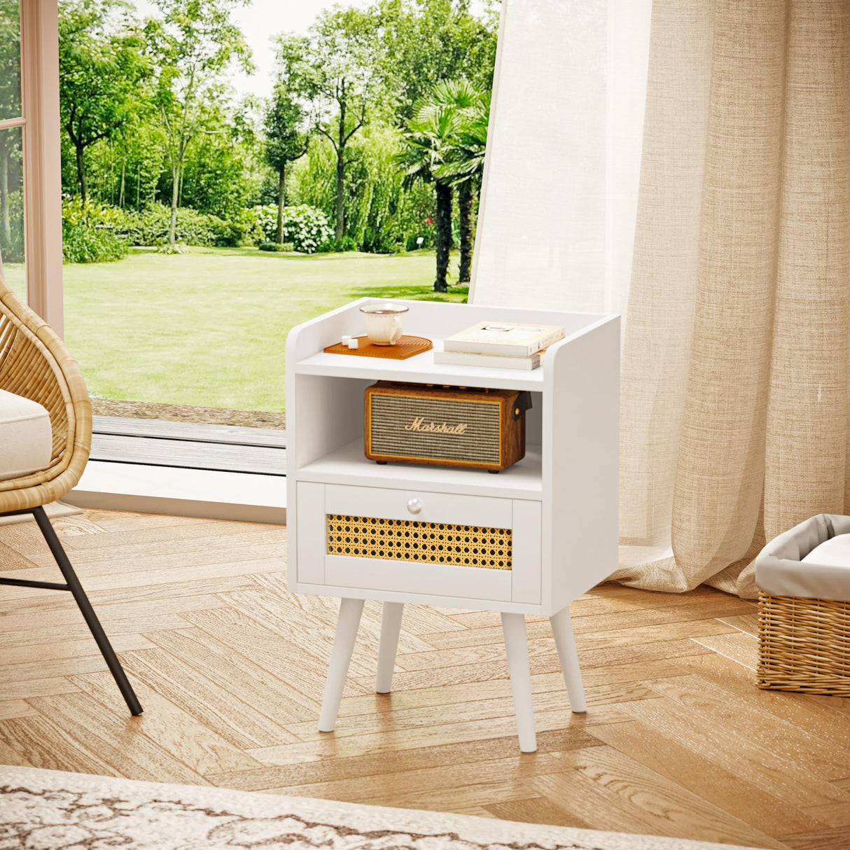 Rattan Nightstands Set of 2, Small End Table with Charging Station and LED Lights