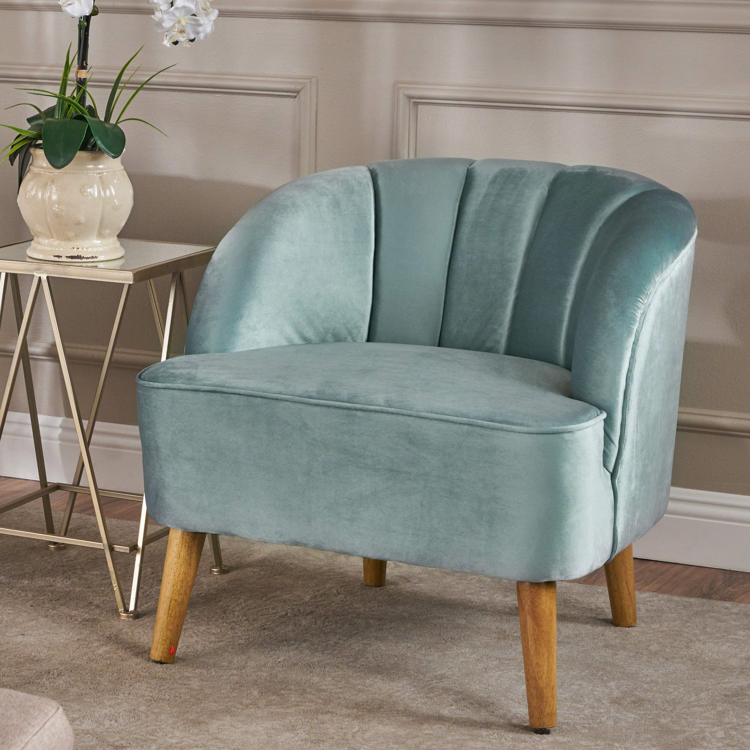 Amaia Modern Velvet Club Chair, Seafoam Blue / Walnut