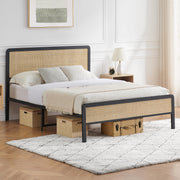 Queen Size Bed Frame with Rattan Headboard and Footboard, Platform Bed Frame