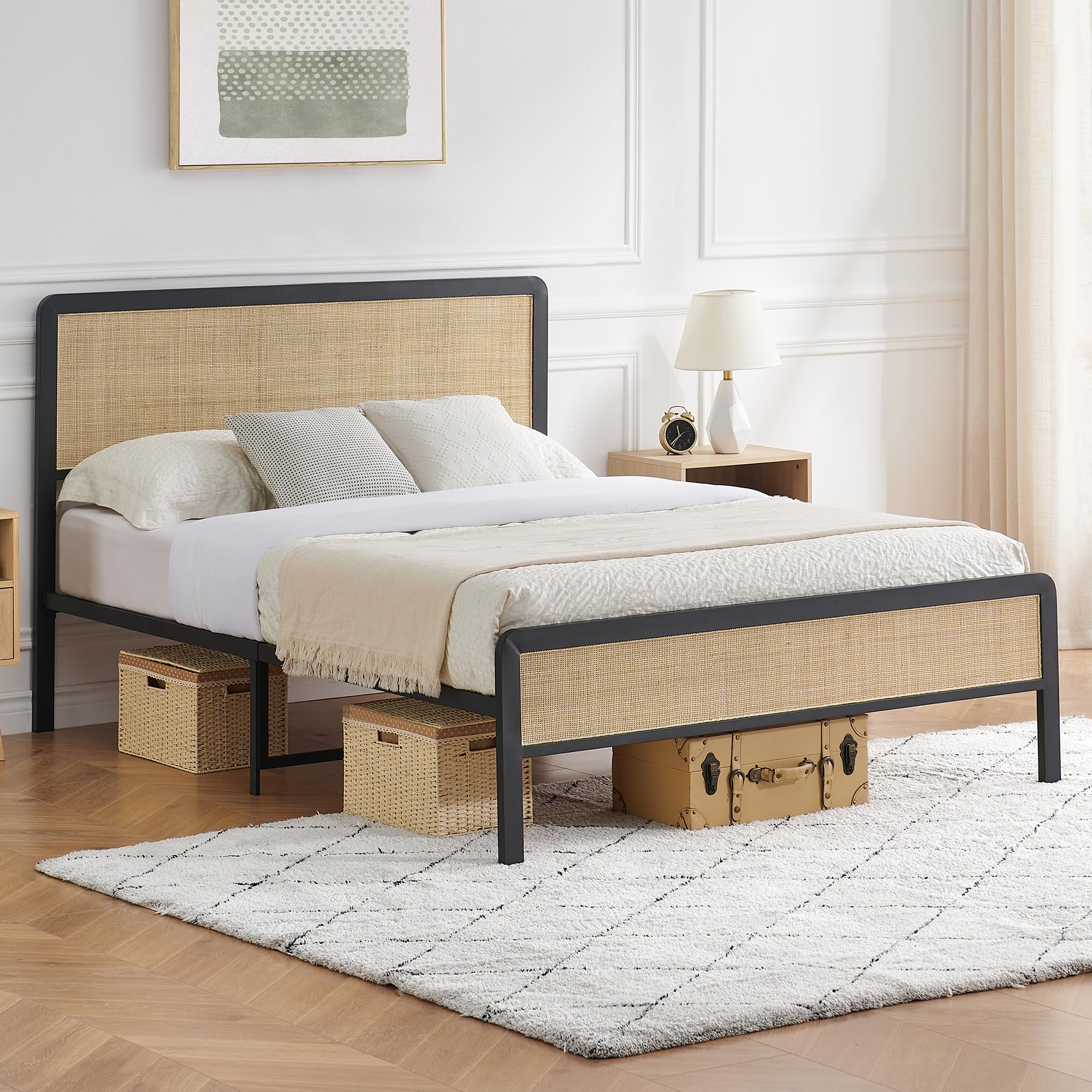 Queen Size Bed Frame with Rattan Headboard and Footboard, Platform Bed Frame