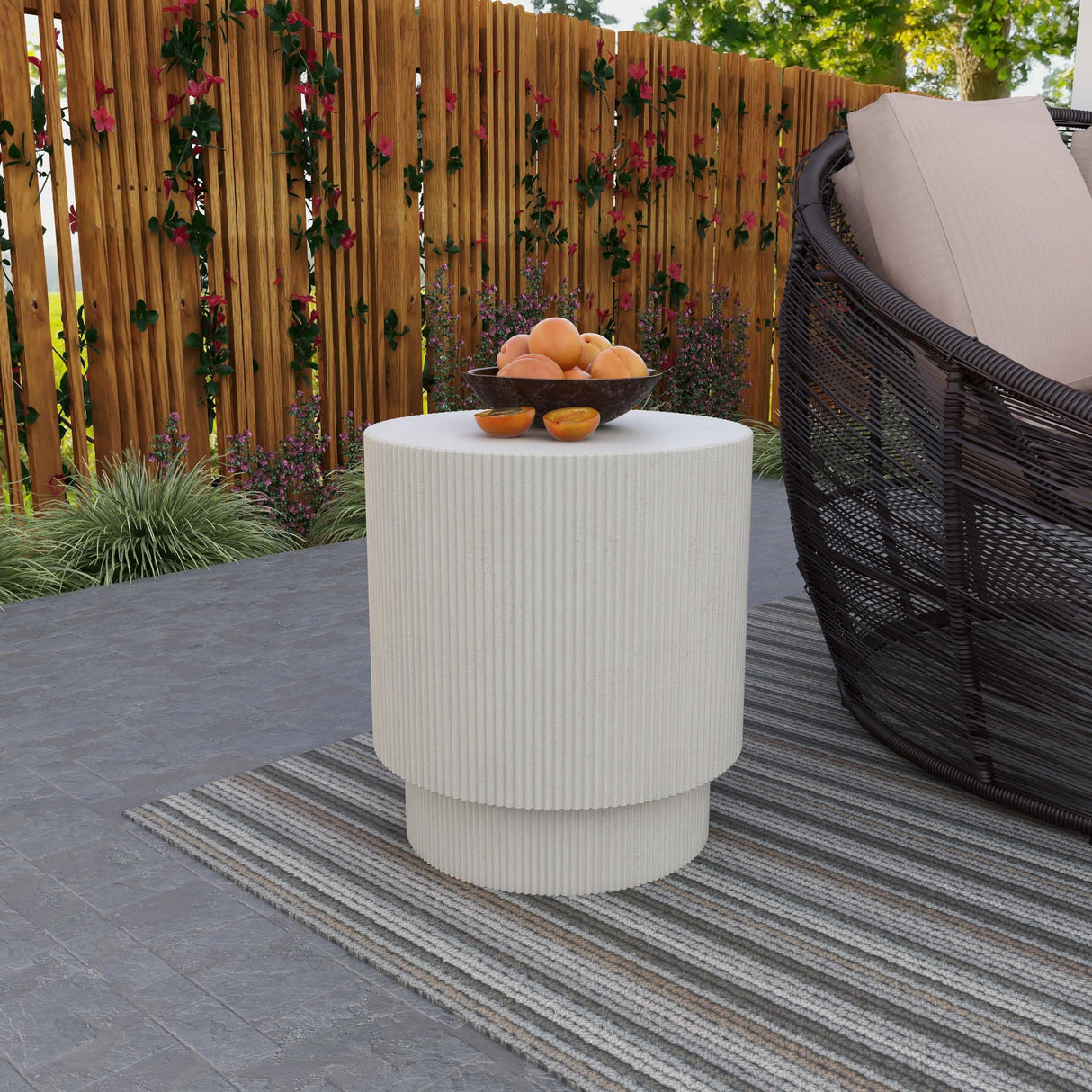 LeisureMod Modern Side Table Round Fiberstone Top Accent End Table for Home, Outdoor Patio, Living Room Sofa, Weather - Resistant, Eden Series in White - Bircata