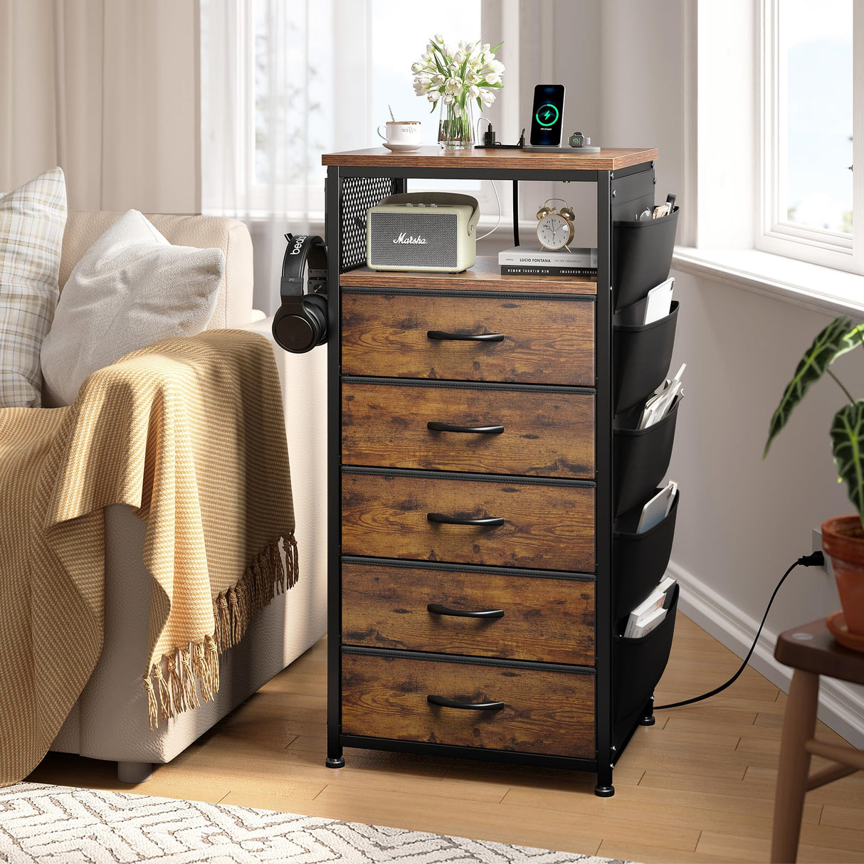 Nightstand with Charging Station, Tall Night Stand with 5 Dresser Drawers