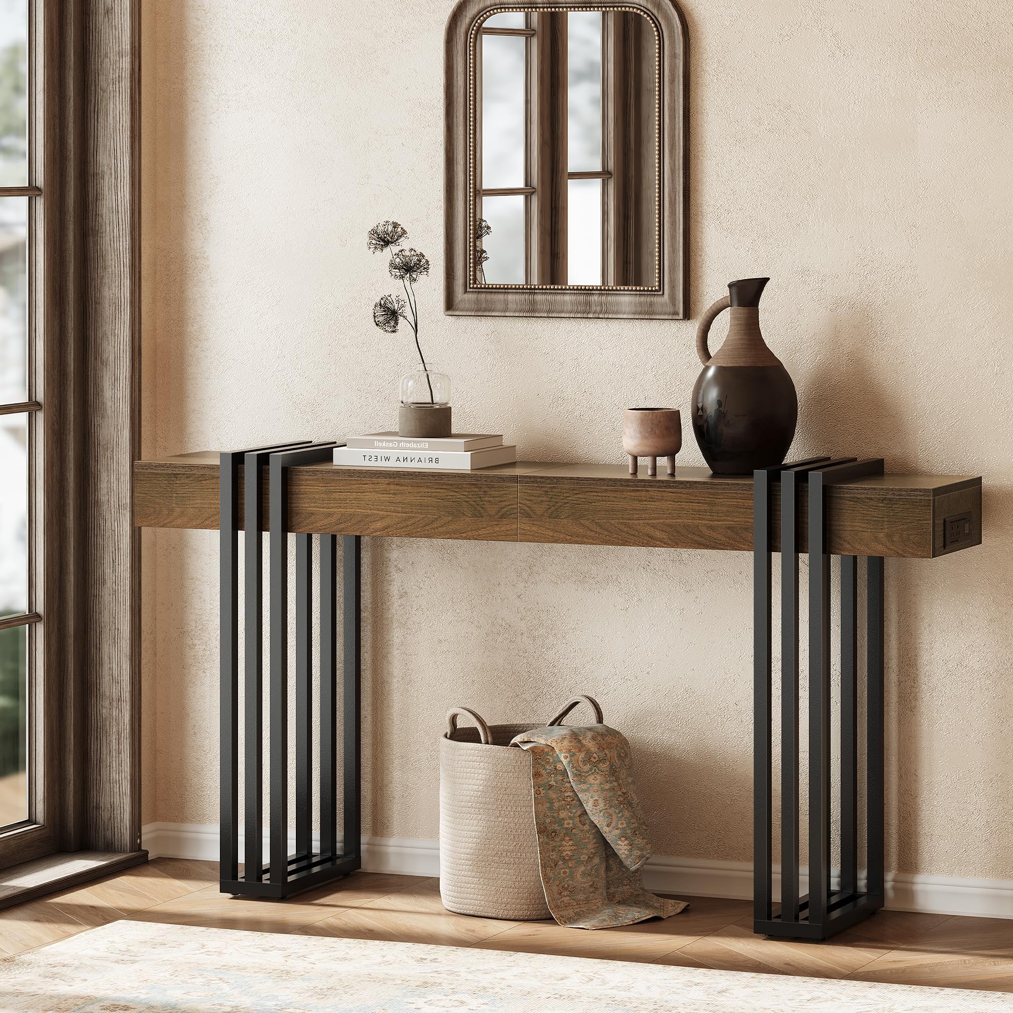 63" Console Table with Power Outlet - Walnut Wood Entryway Table