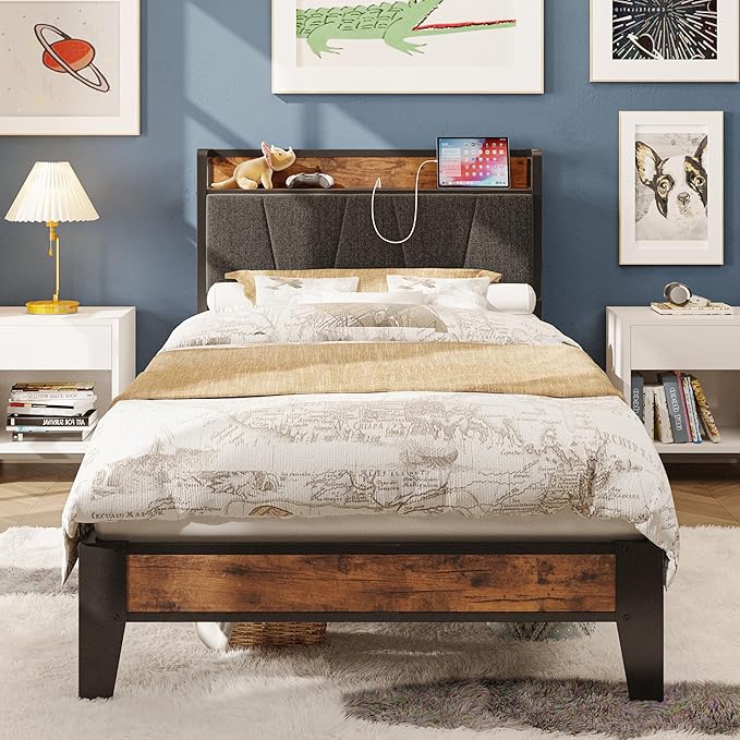 King Size Bed Frame, Storage Headboard with Charging Station, Solid and Stable